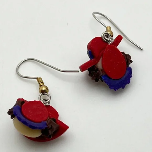 Red Hat Society Dangle Earrings Vintage Lady Head Polymer Clay - Picture 4 of 6